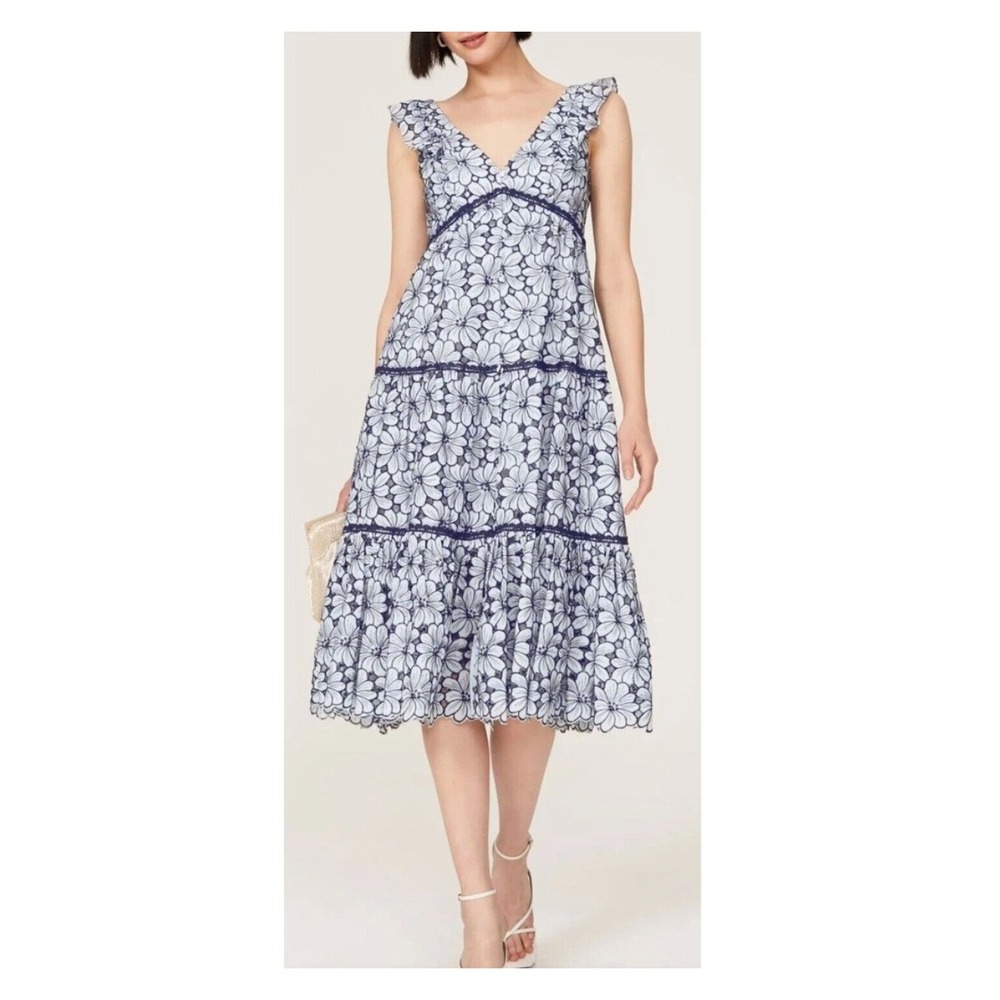 Marchesa Notte Blue Eyelet Midi Dress Size 8 100% Cotton Floral Lace Fit & Flare